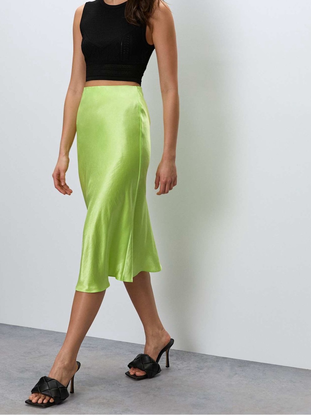 Babaton Satin Midi Skirt in Lime Green